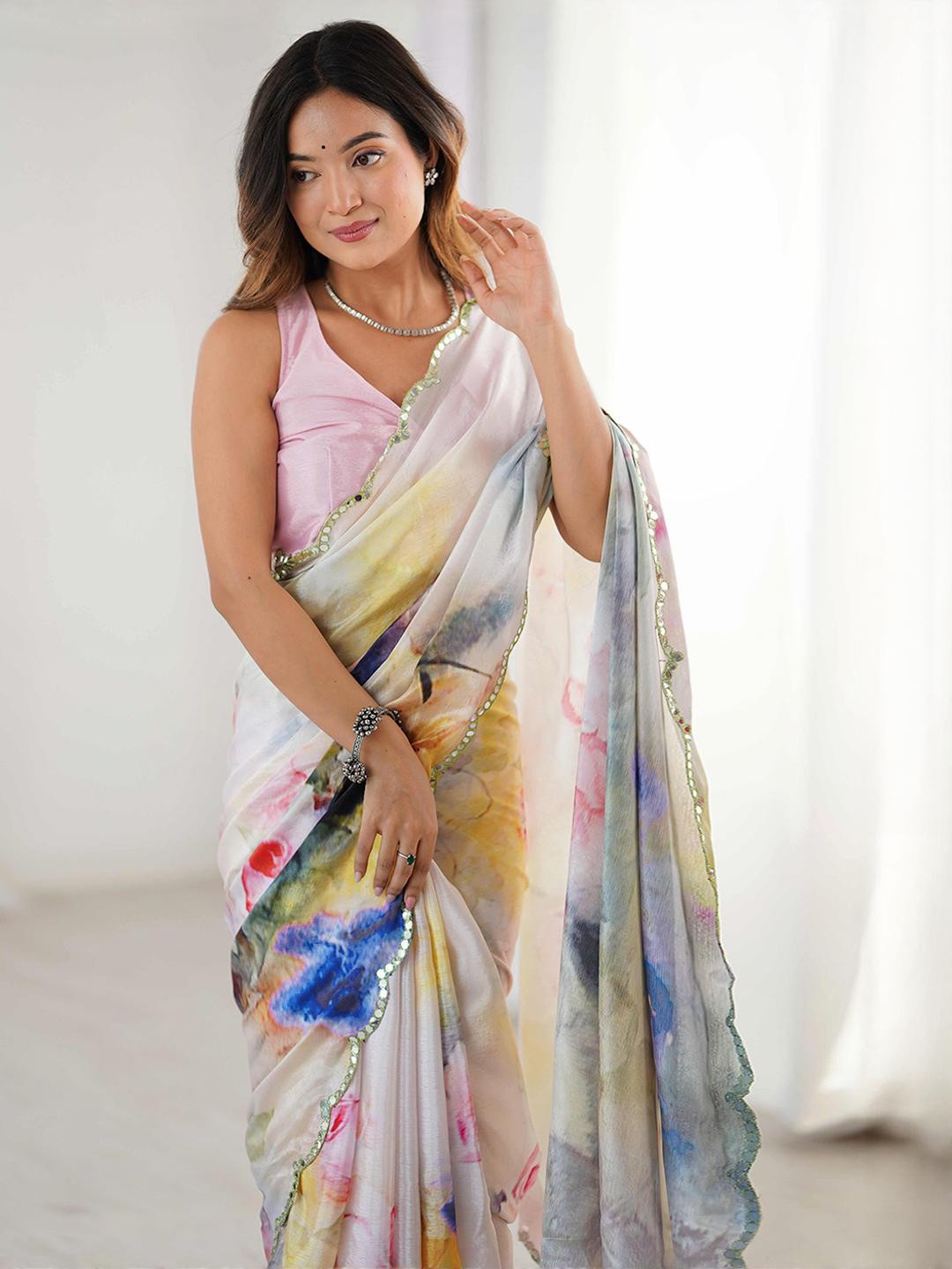Peachmode White Pure Chiffon Printed Sarees