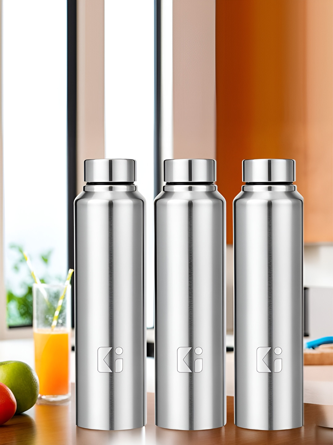 Aura Silver-Toned 3 Pieces Stainless Steel Water Bottles - 1000 ml