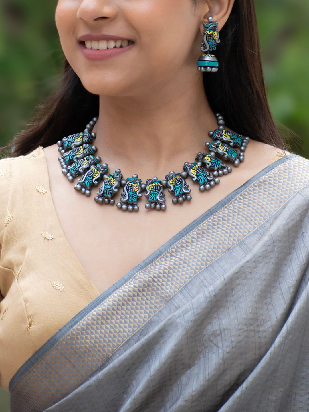 JUMKEY Women Teal &Yellow & Silver Peacock Design Handmade Terracotta Jewellery Set