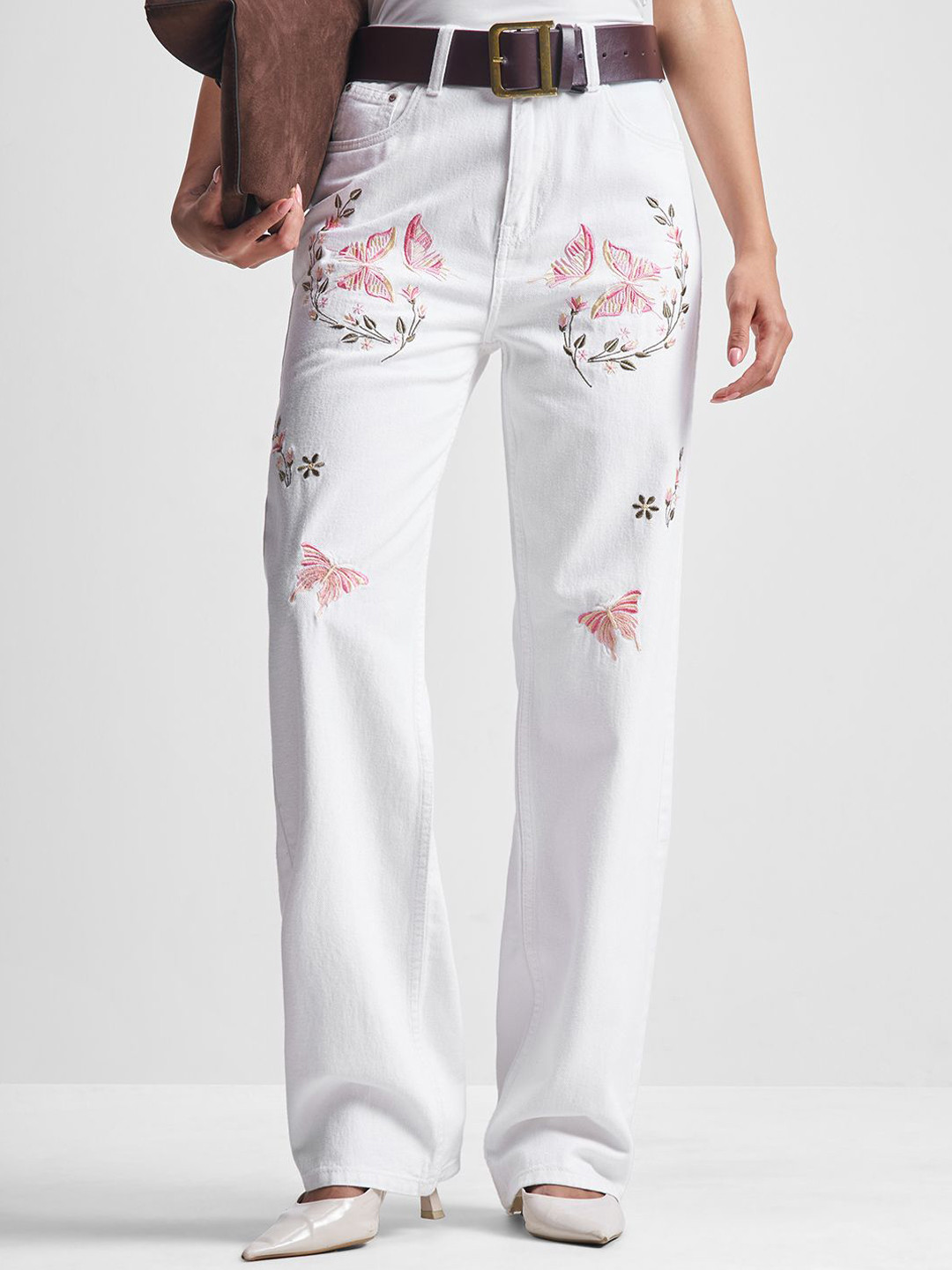 Tokyo Talkies Women Cotton Mid-Rise Butterfly Embroidered Dad Fit Jeans