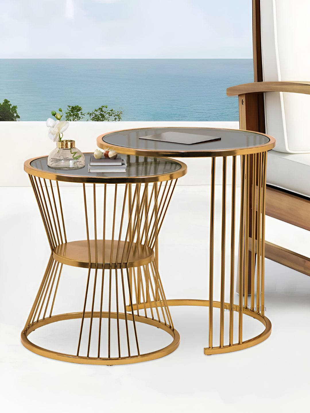 Metalsmith Gold-Toned 2 Pieces Abstract Shaped Glass Round Nesting Tables