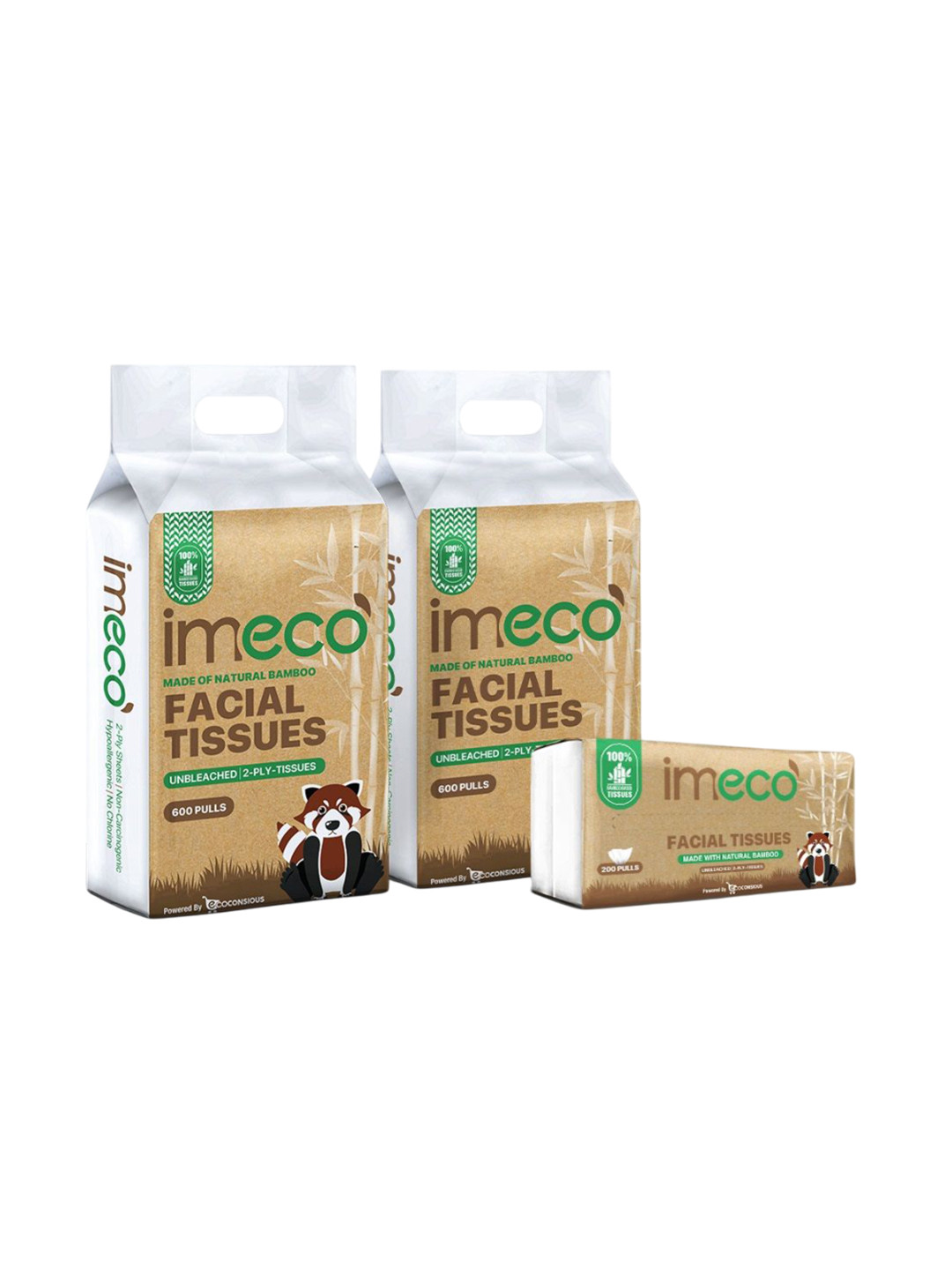 IMECO Set Of 3 Bamboo Facial Tissues - 600 Pulls Each & 200 Pulls