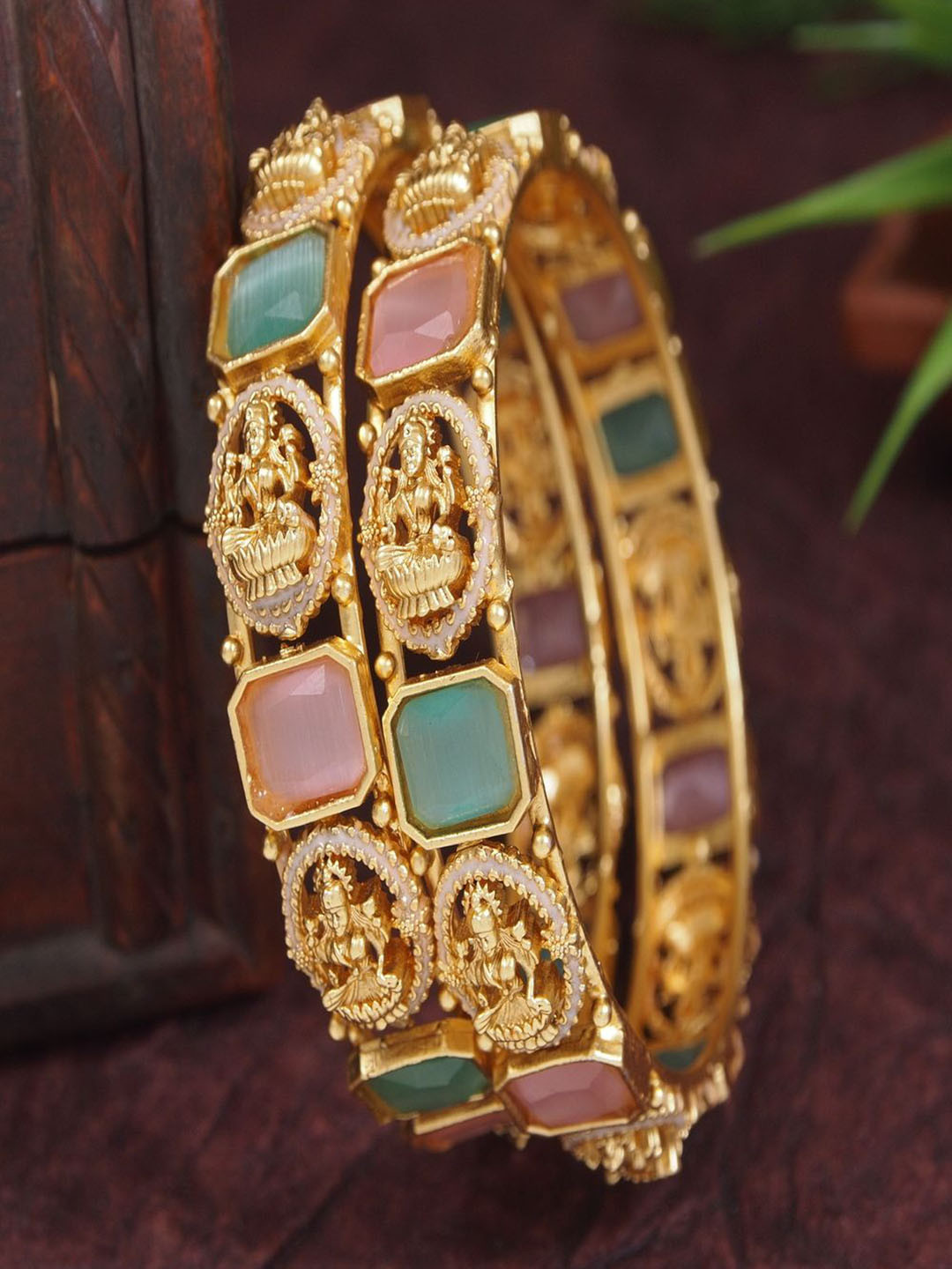 SGA FASHION Women Set Of 2 Gold Polished Temple Laxmi Brass Bangle Set with Meenakari Work