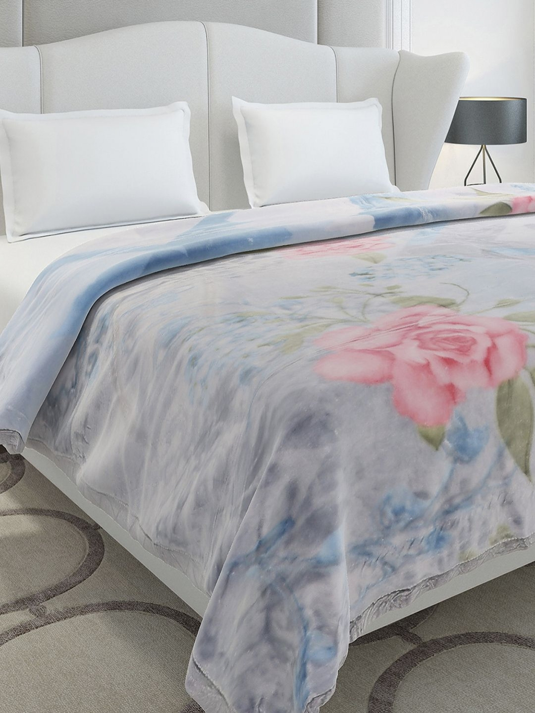 Monte Carlo Vista Plus Turquoise Blue Printed Heavy Winter Double Bed Blanket  909 GSM