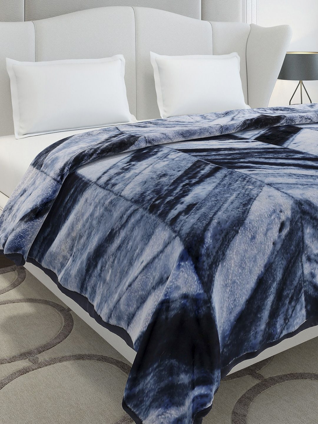 Monte Carlo Denny Blue & Grey Printed Heavy Winter 106 GSM Double Bed Blanket