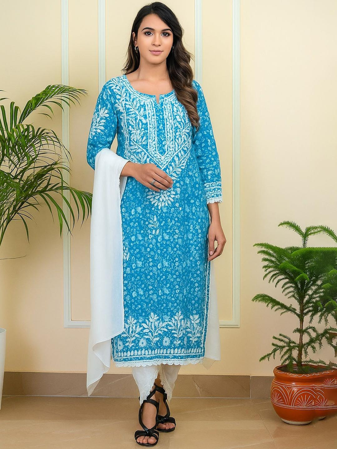 ADR CHIKAN Floral Printed Chikankari Pure Cotton Kurta With Dhoti Pants & Dupatta