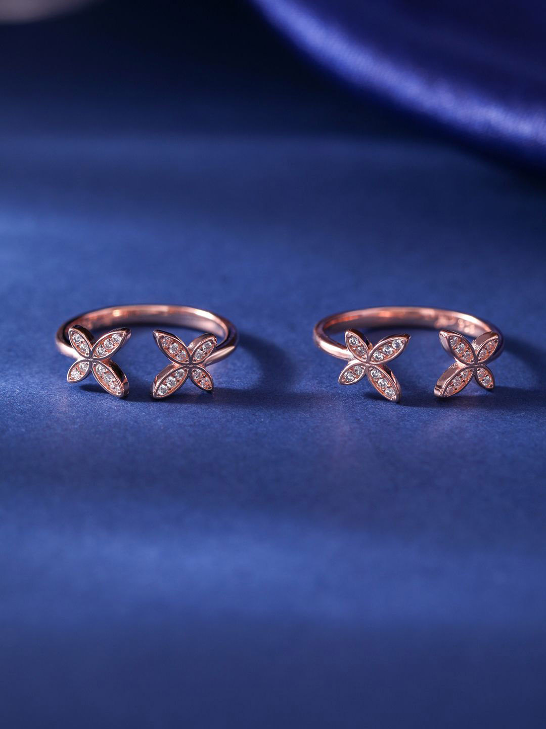 RACHIVA 925 Sterling Silver Rose Gold Floral CZ Adjustable Toe Ring  Pair