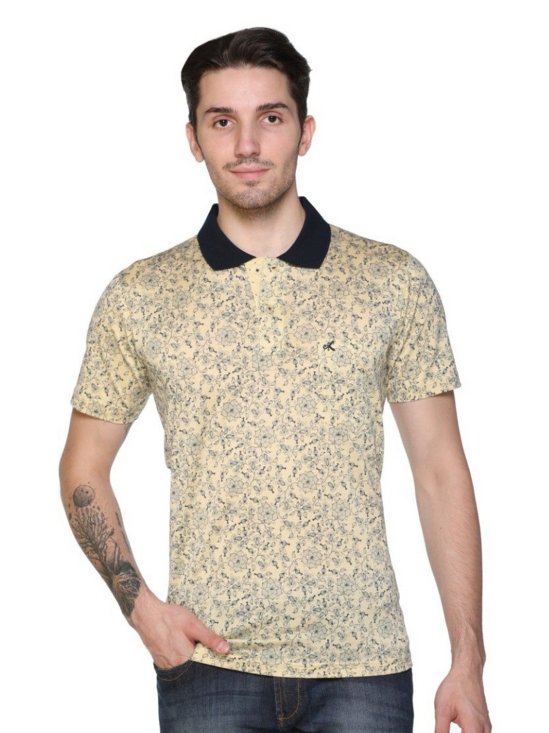 Mesa Men Floral Printed Polo Collar Cotton T-shirt