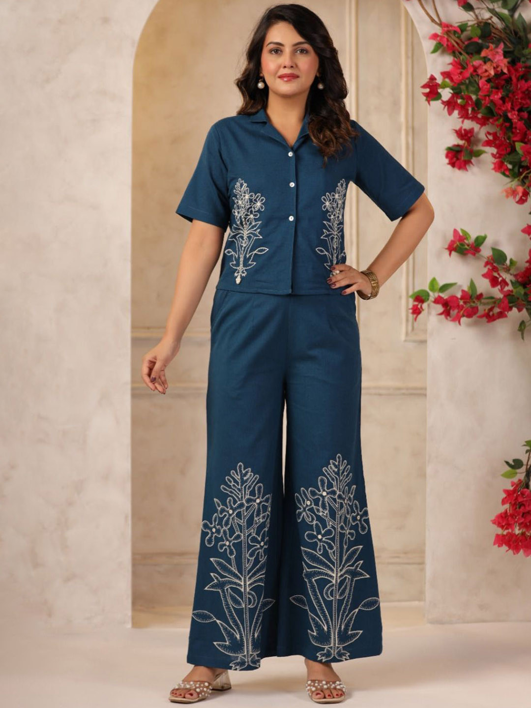 AUTUMN LANE Mahua Nile Embroidered Short Sleeves Pure Cotton Shirt With Trouser