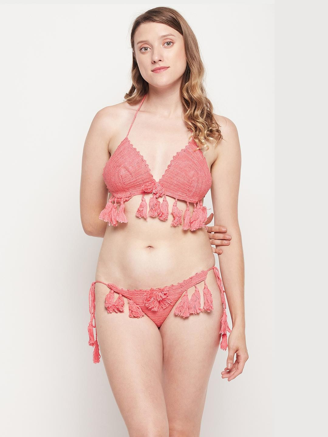 SweetFlirt Women's pink 100% Handmade Pom-Pom Crochet Bikini Set