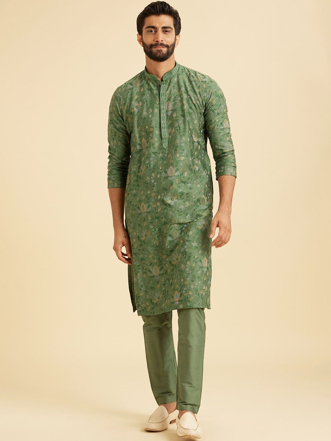 Manyavar Adults-Men Woven Design Embroidered Kurta with Pyjamas