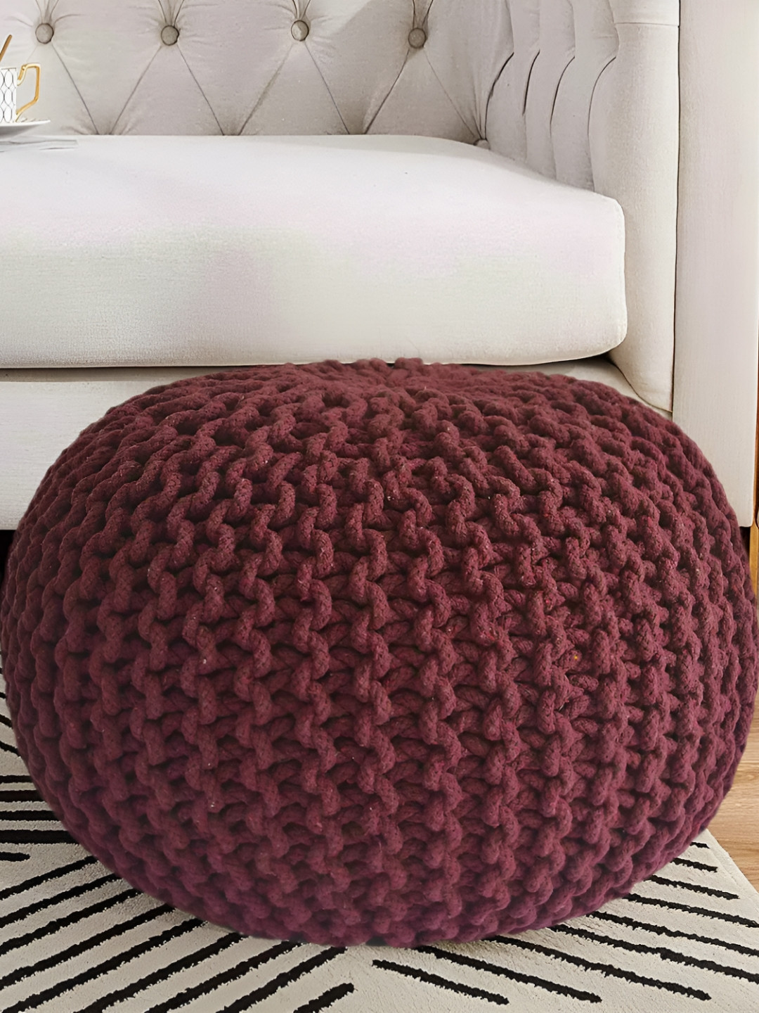 COMFIDELITAS Maroon Textured Round Pouff Ottoman