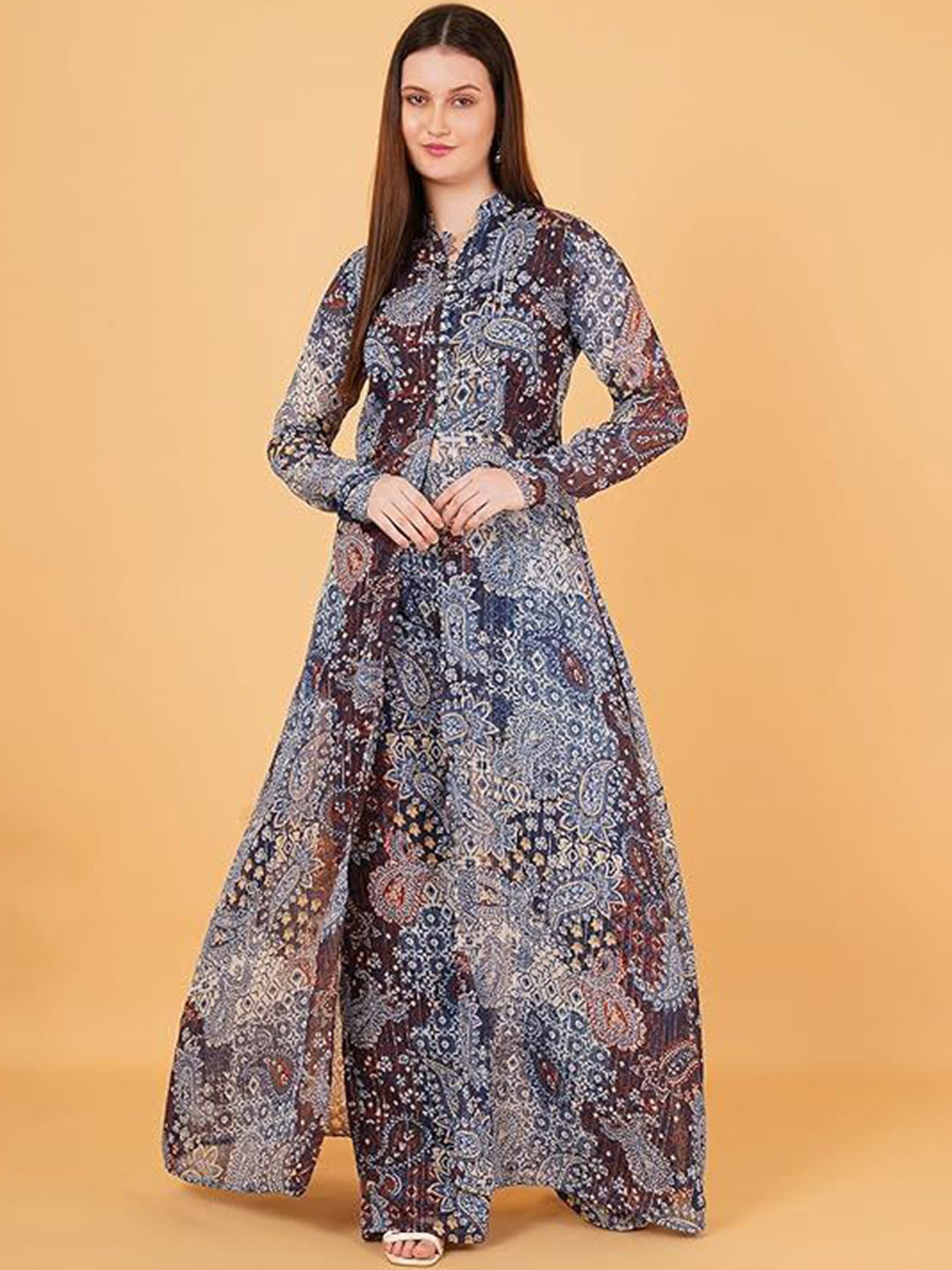Magnetism Women Printed Mandarin Collar Neck  Top With Palazzos Co-Ords