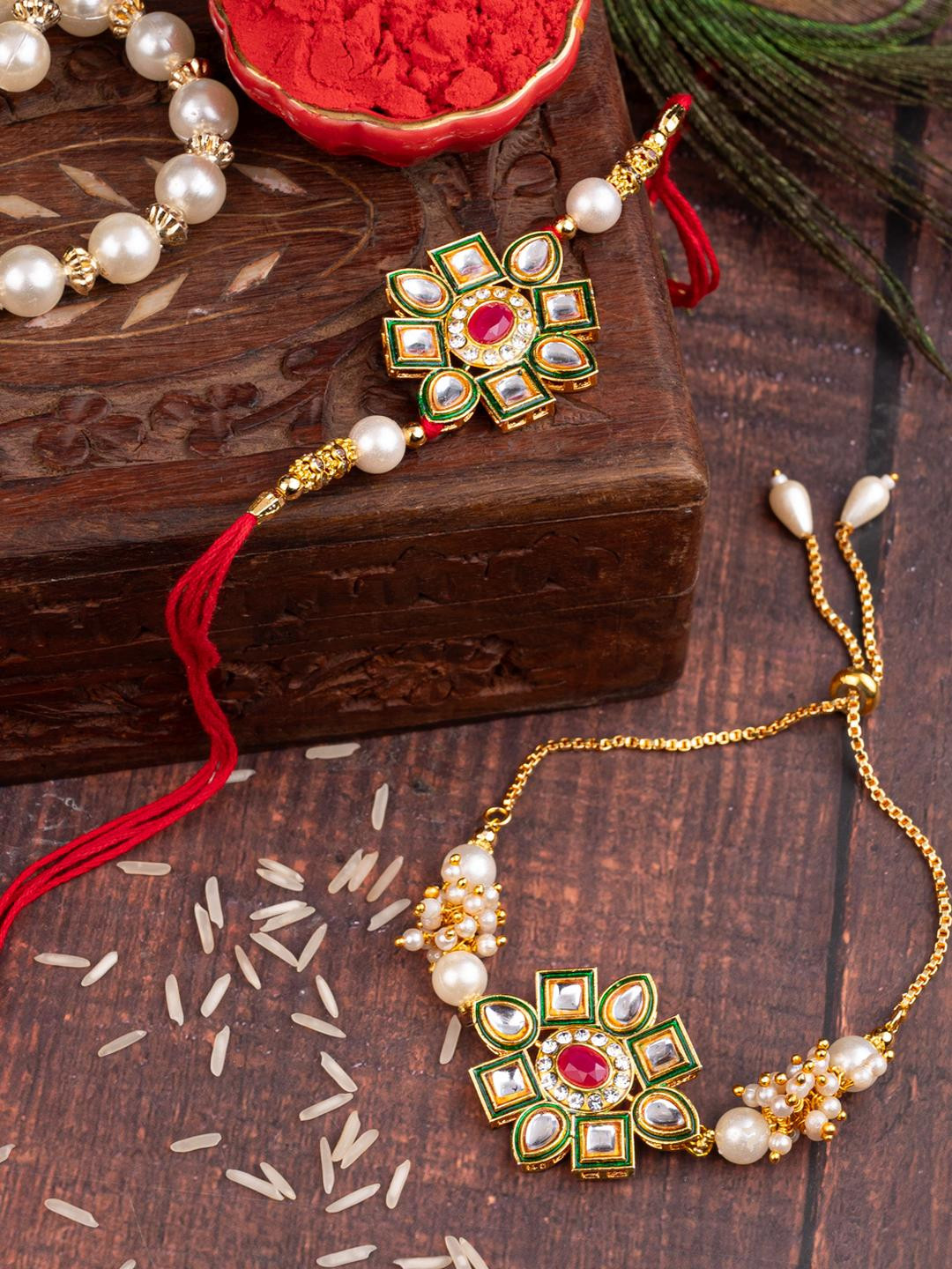 ALAMPATA Women Set Of 2 Gold Plated Brass Kada Red Threaded Drawstring Bracelet