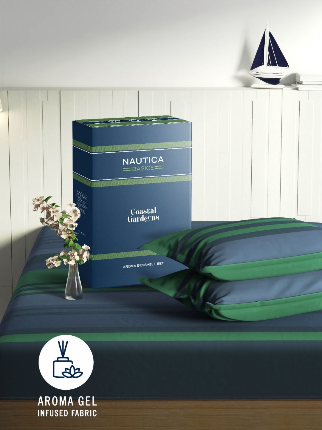 Nautica Blue Striped Printed 180 TC Cotton Double Queen Bedsheet Set 2.24 m x 2.54 m