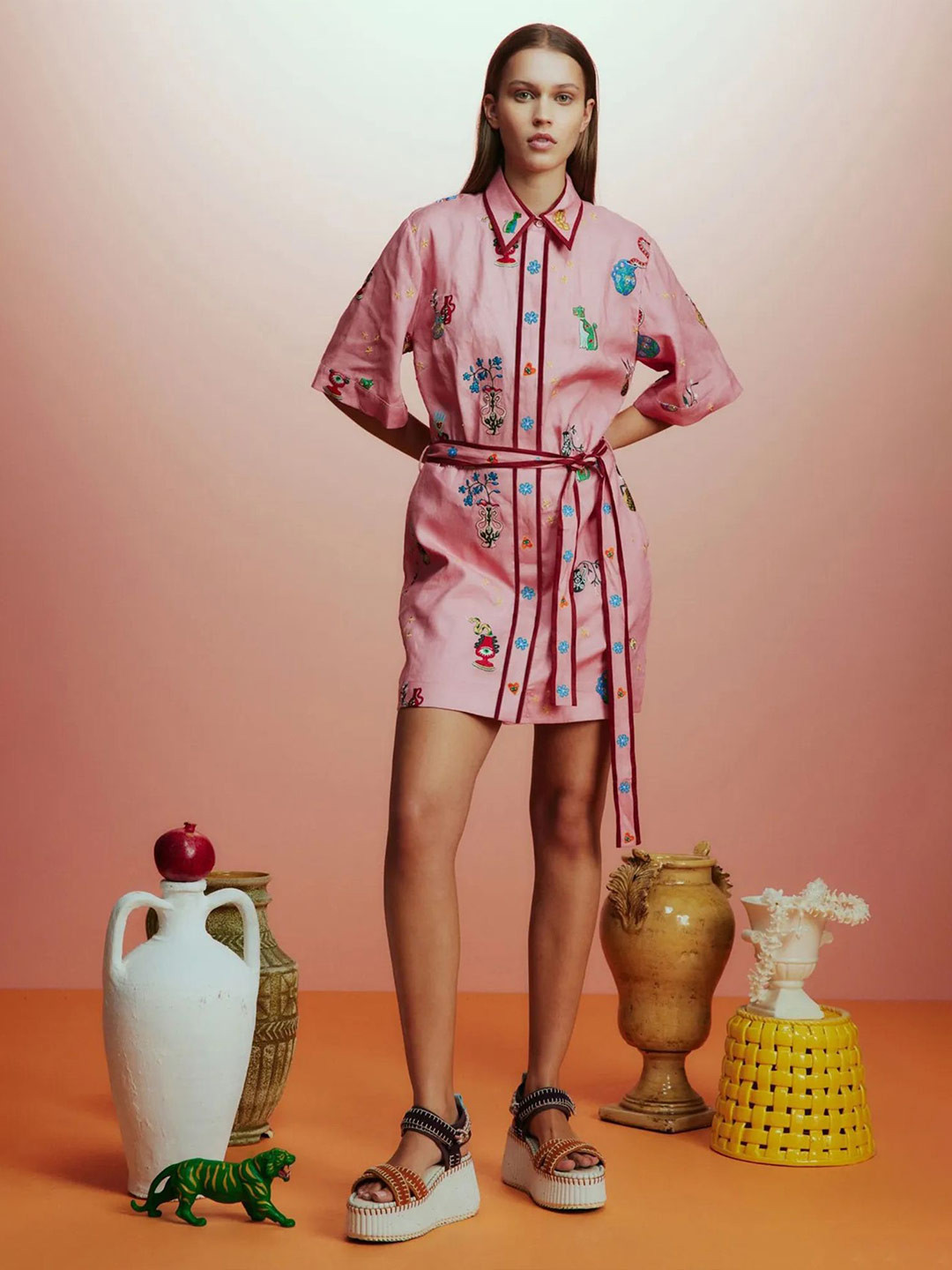 LULU & SKY Women Floral Embroidered Shirt Dress With Waist Tie