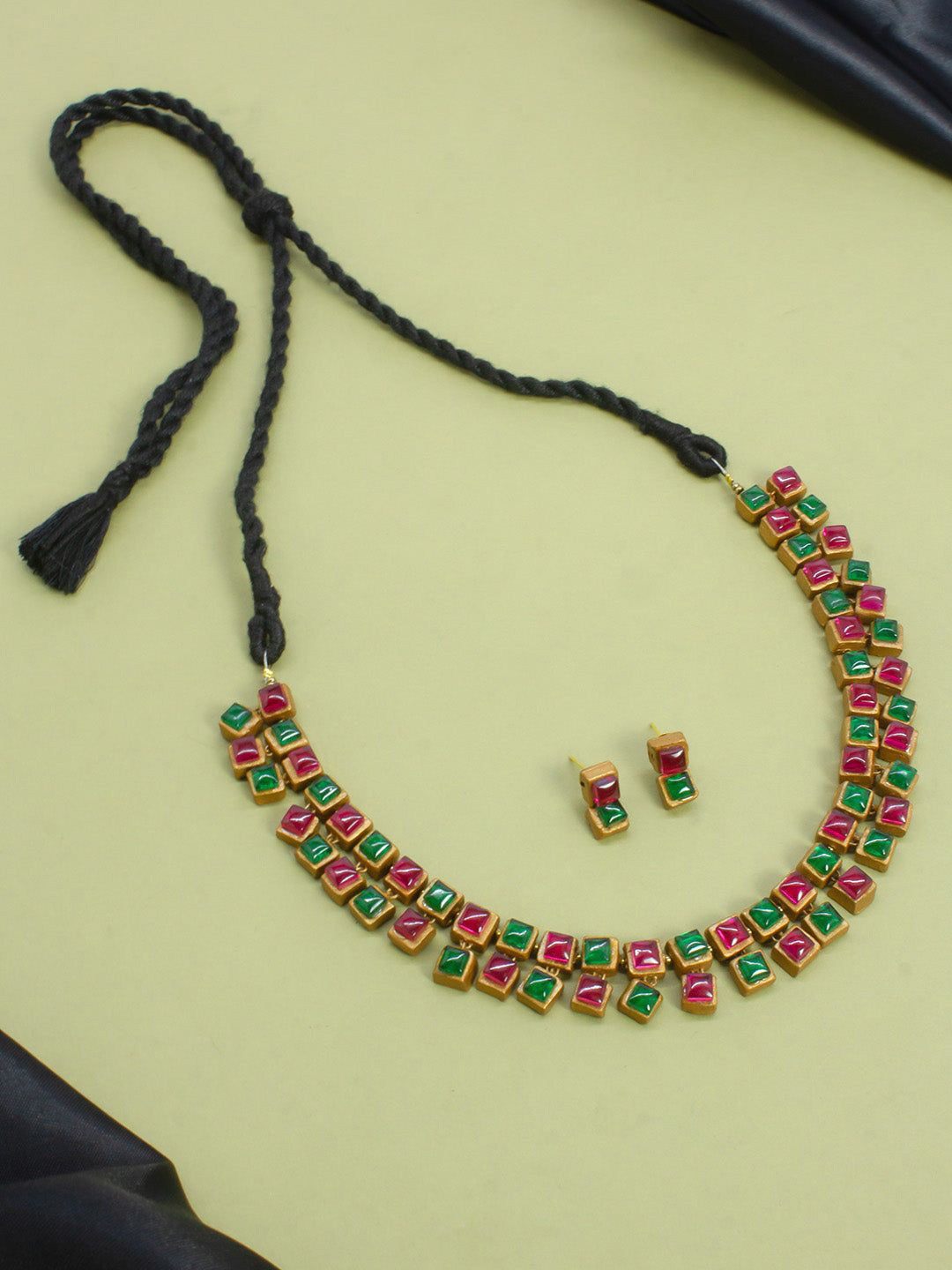 JUMKEY Artificial Stones Studded Square Design Terracotta Jewellery Set