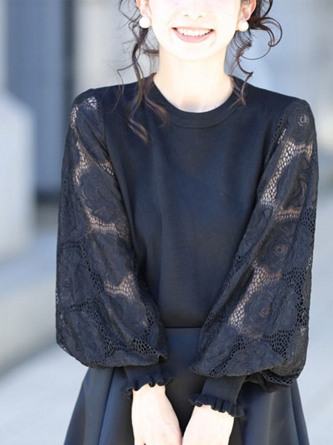 bebe Black Crewneck Floral Lace Balloon Sleeve Knit Top