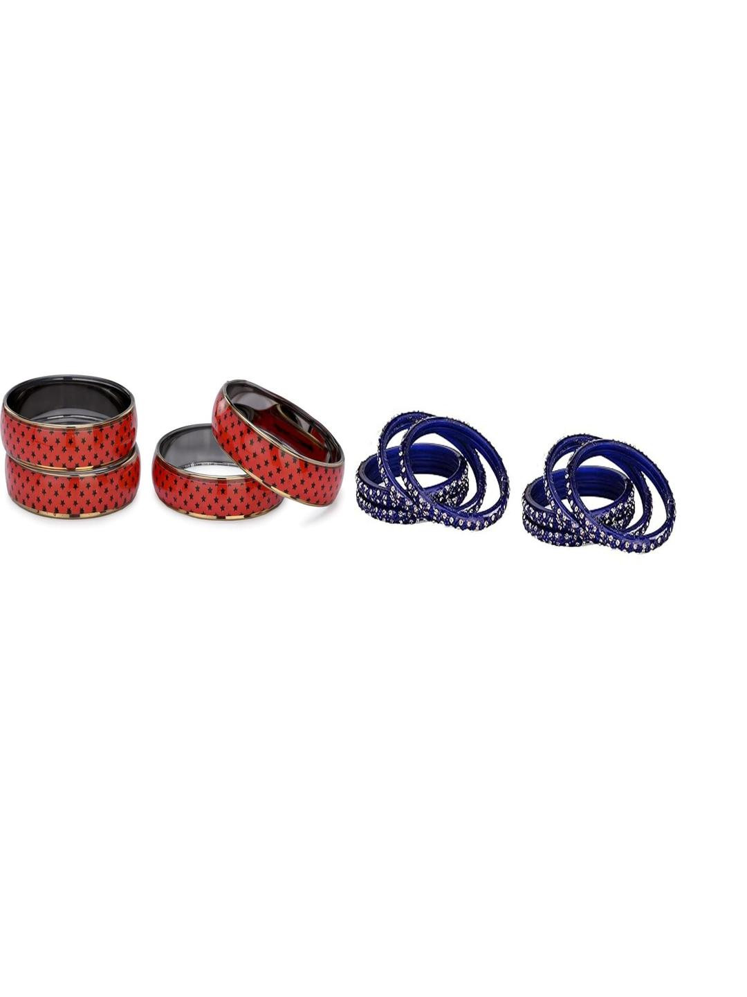 SOMIL Set Of 12 Red And Blue Glass Artificial Stones & Beads Bangles