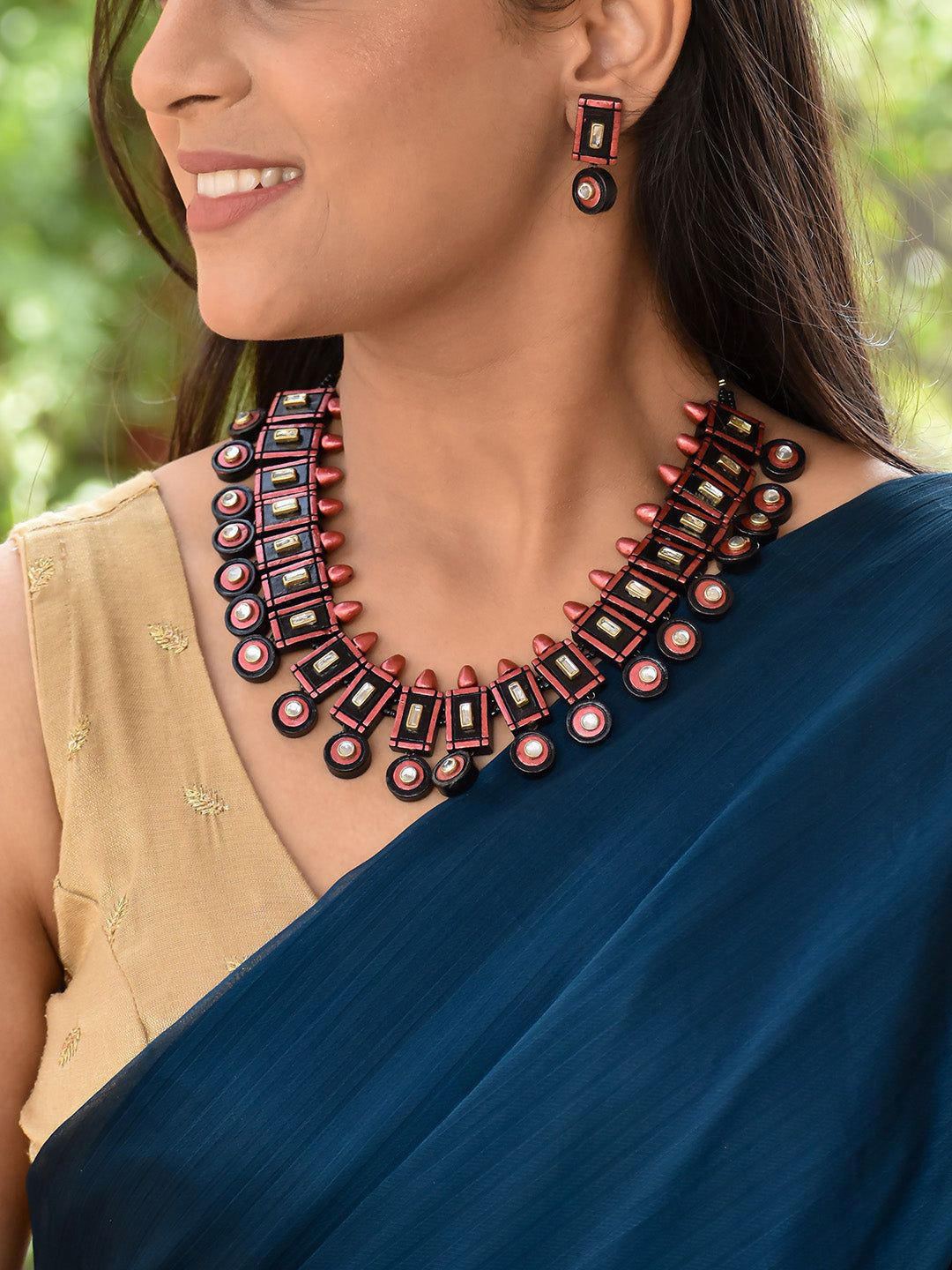 JUMKEY Geometric Terracotta Kundan Studded Jewellery Set