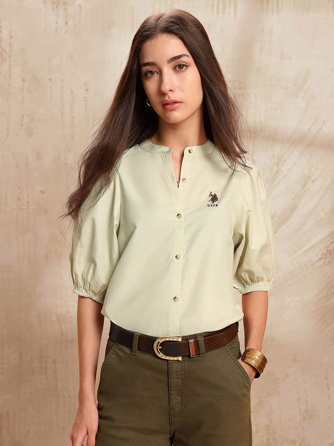 U.S. Polo Assn. Women Brand Logo Embroidered Mandarin Collar Cotton Shirt Style Top