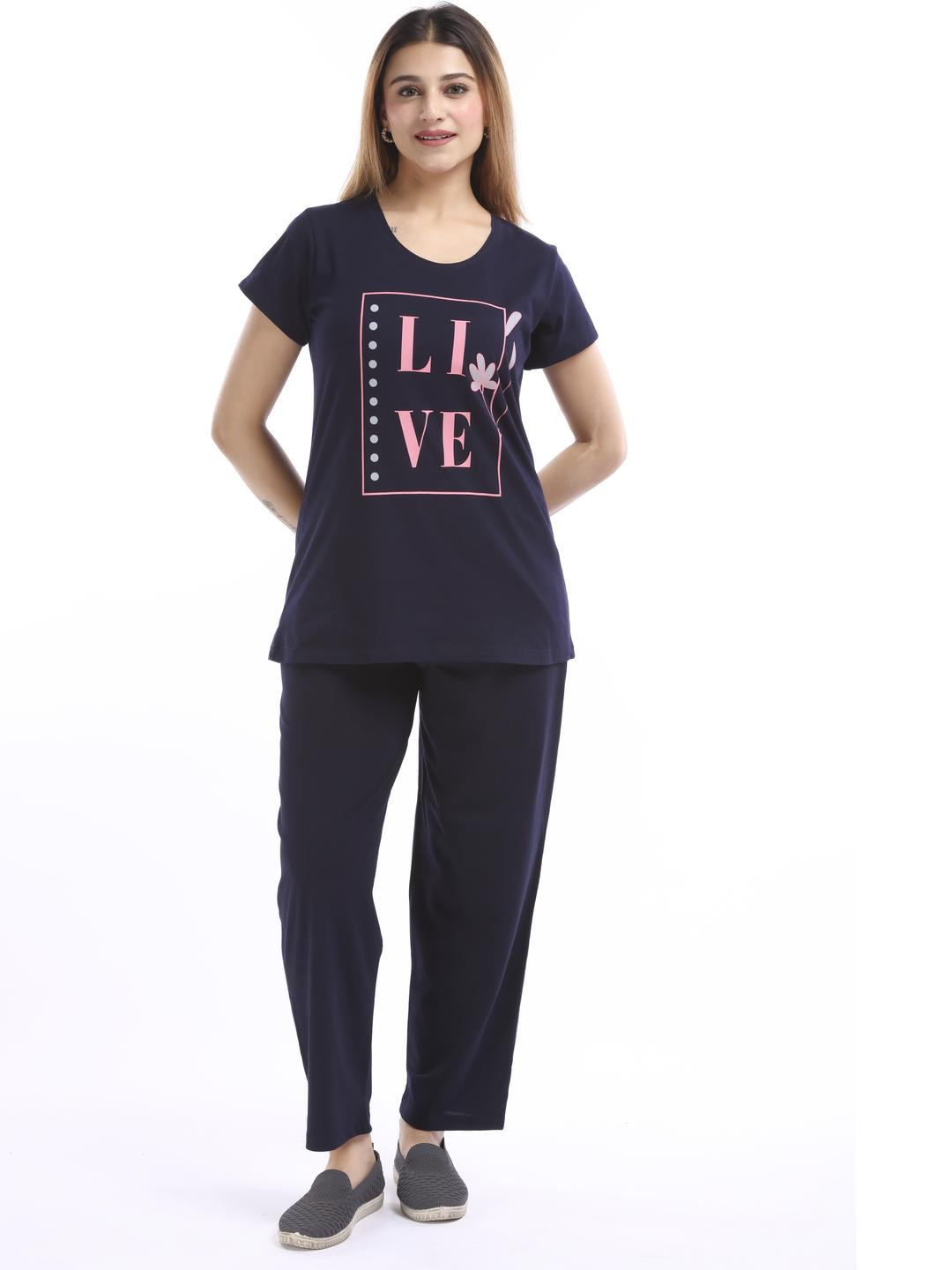 E-MAX Women Blue Cotton Blend Night suits