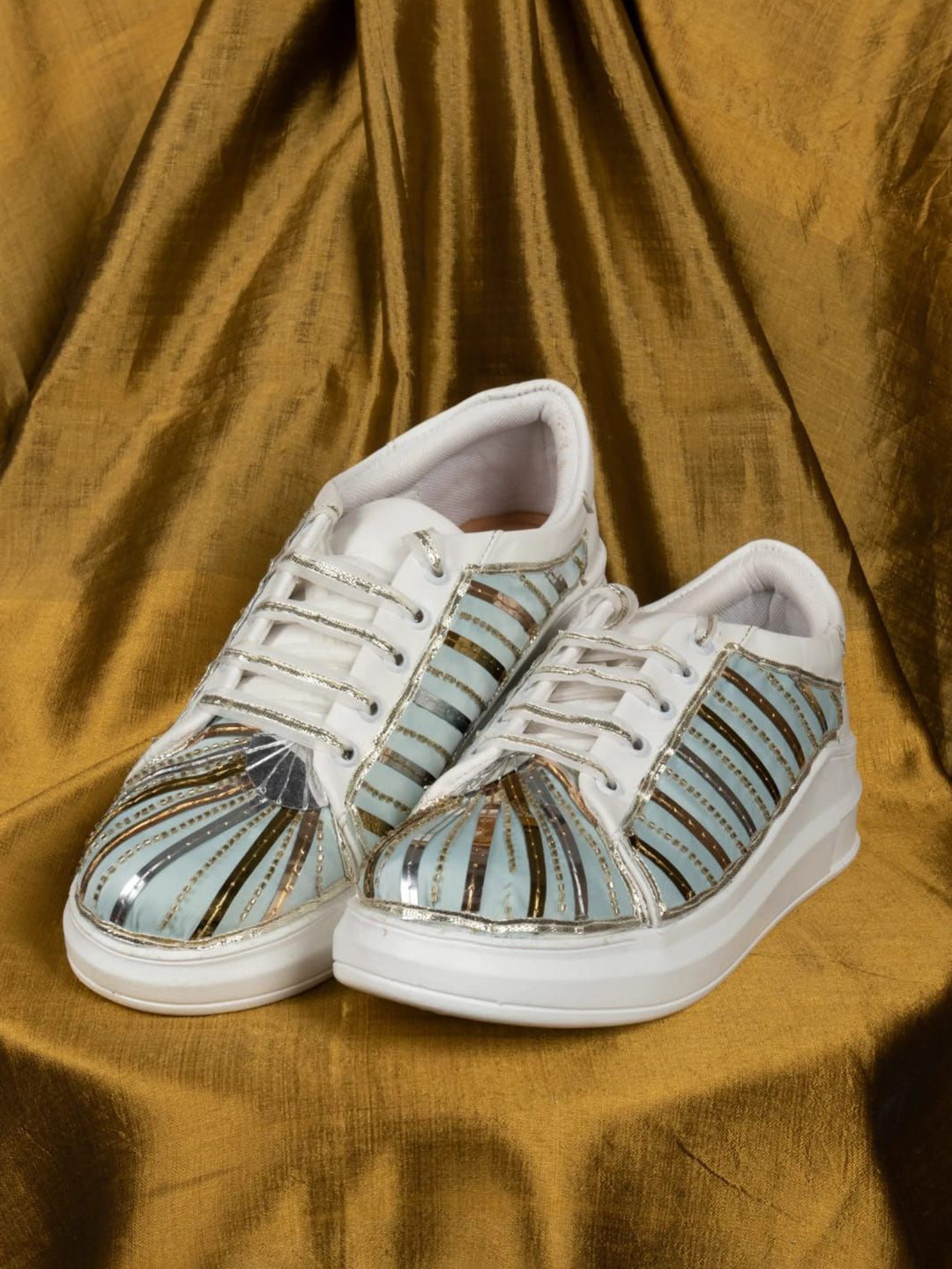 The Saree Sneakers Women Blue Gold Strip Design Sneakers
