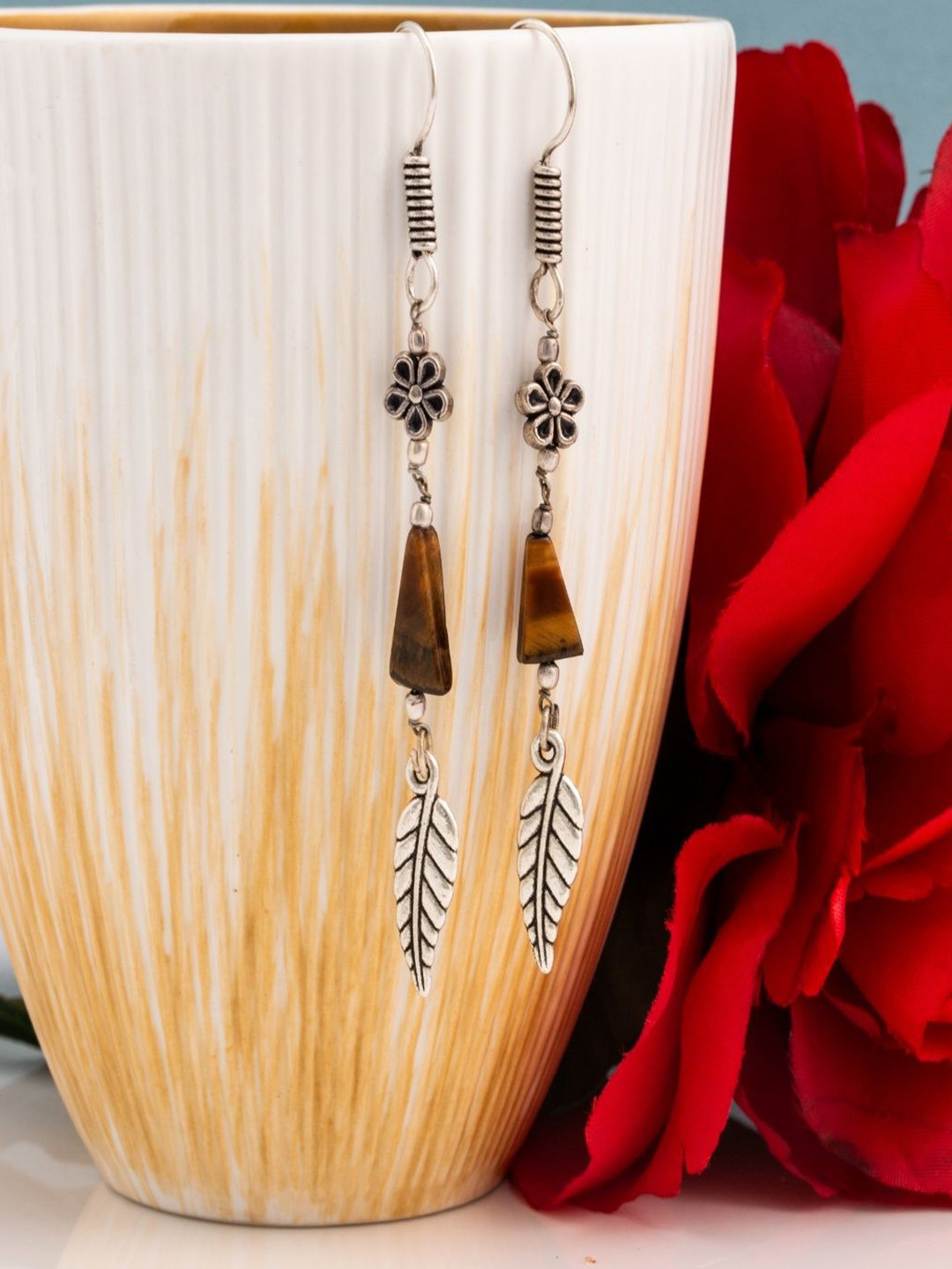 Shrim jewels Brass-Plated Tigers Eye Beaded Oxidised Floral Shaped Drop Earrings