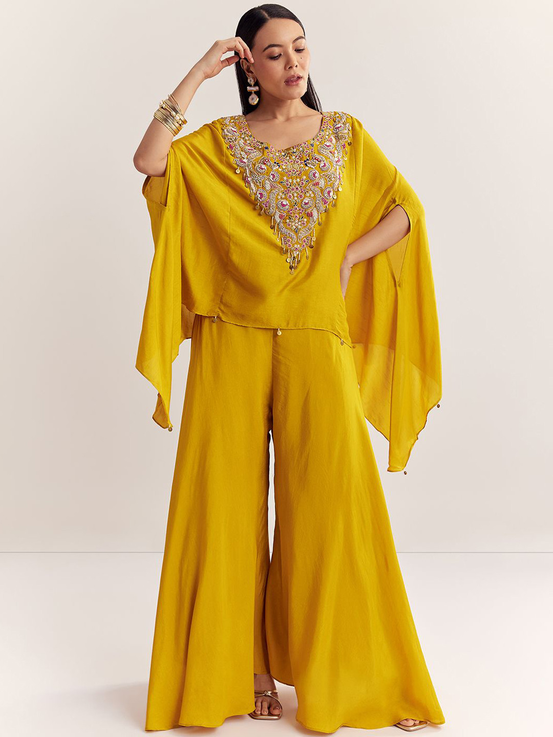 KALKI Fashion Floral Yoke Design Cape Fusion Kurti With Harem Pants