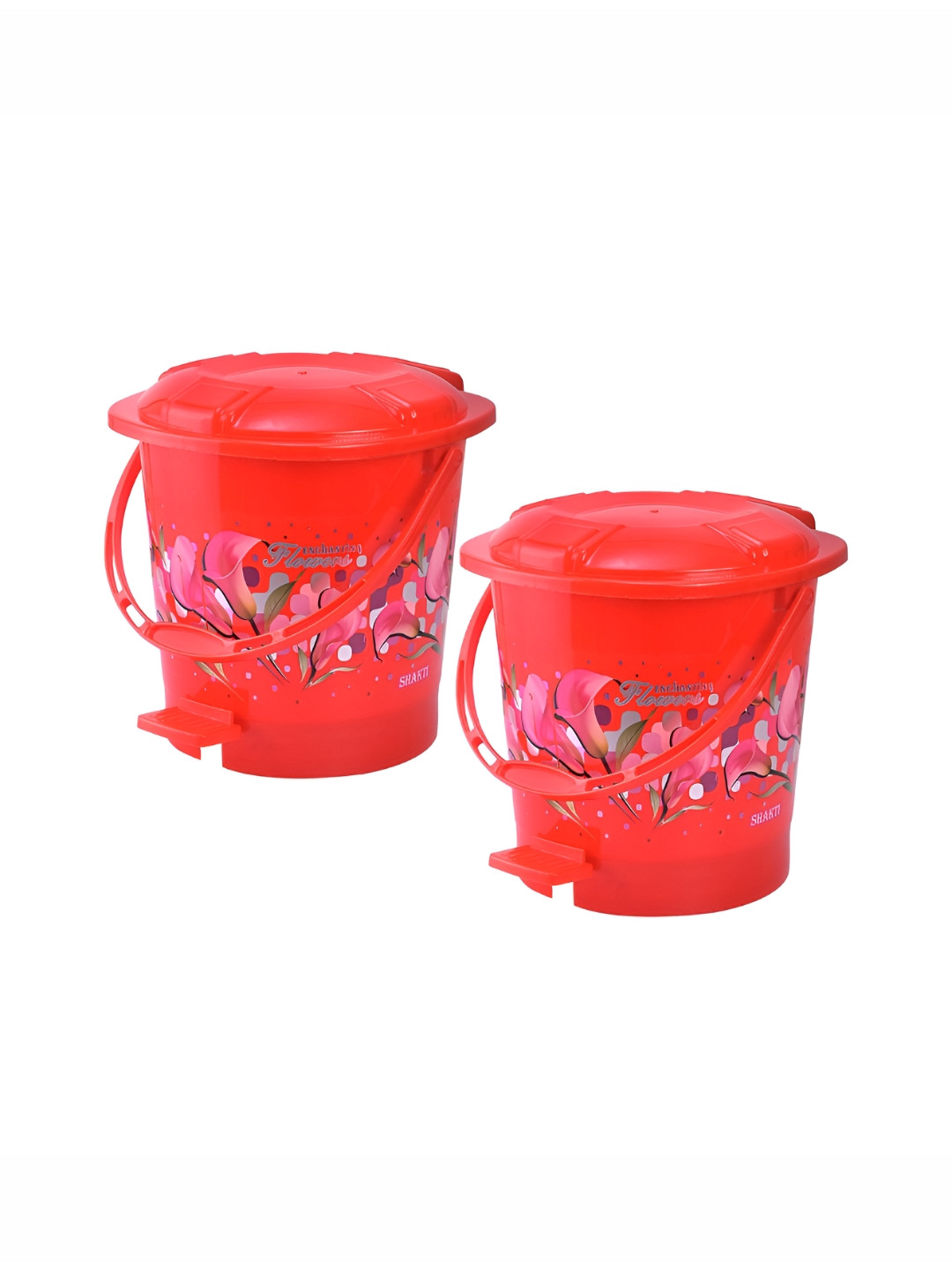 Aura 2 Pieces Red & Pink Floral Printed Pedal Bins With Handle 7L Each
