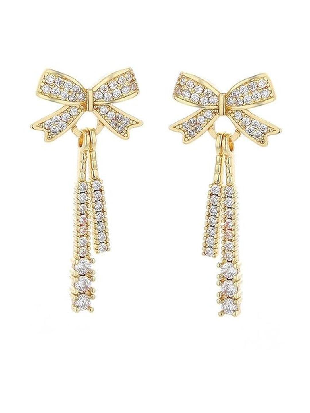 Inara Robes Women Gold American Diamond Fashion Korean Bow Dangle Earrings