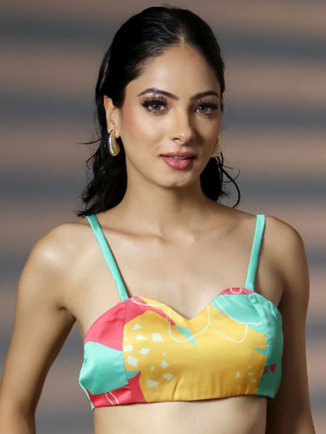 HANDME Tropical Breeze Printed Sweetheart Neck Silk Stitched Saree Blouse