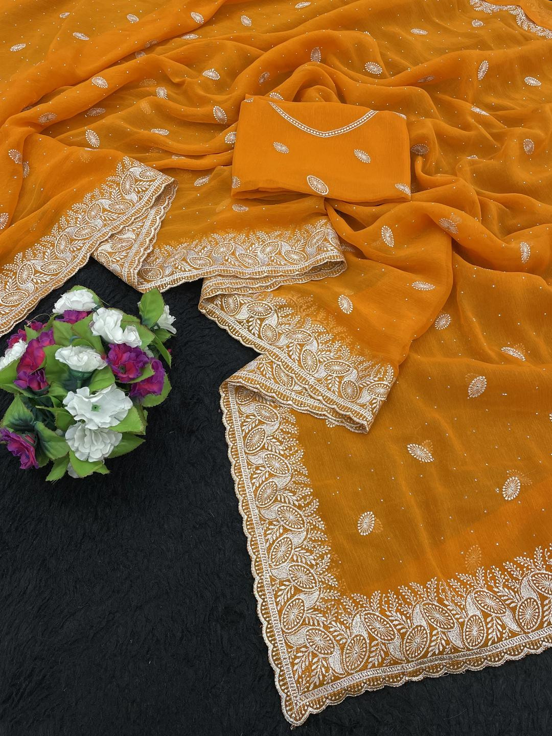 KHRITI FAB Gold Embroidered Organza Sarees