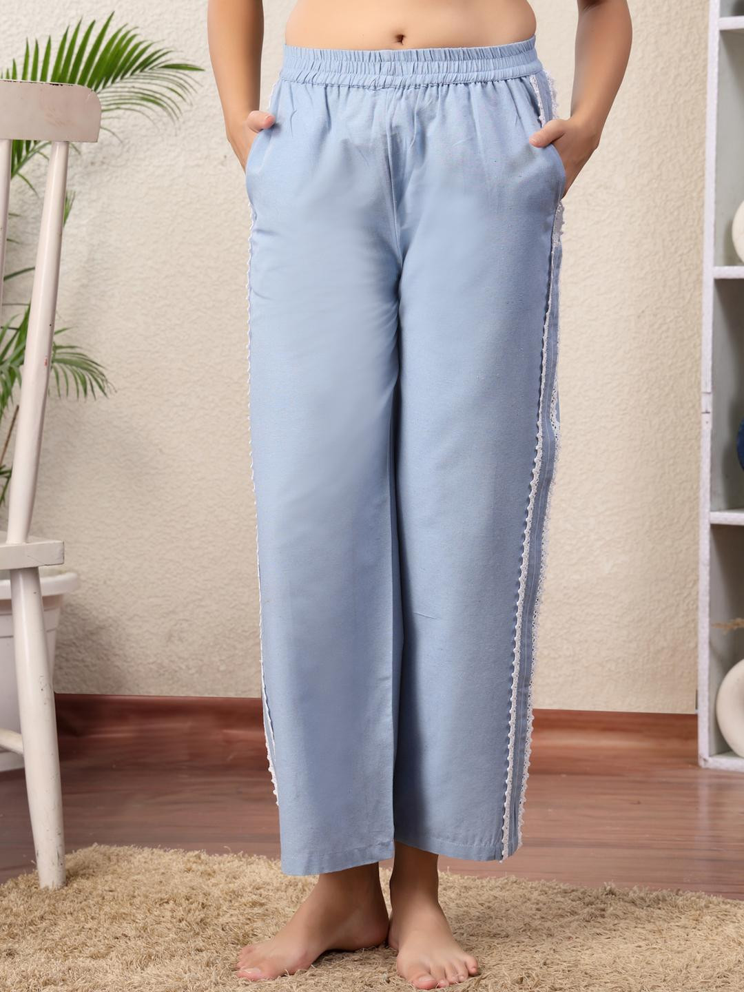 Overlock Women Blue Cotton Lounge Pants with Side Lace Detail and Pockets