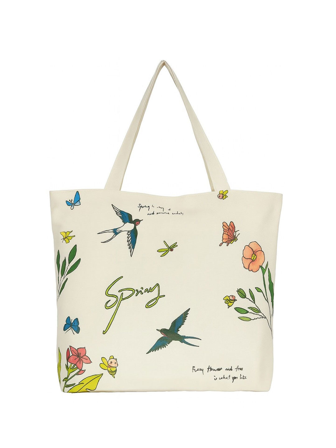 KeepCart Women White Floral & Bird Print Zipper Closure Canvas Tote Bag