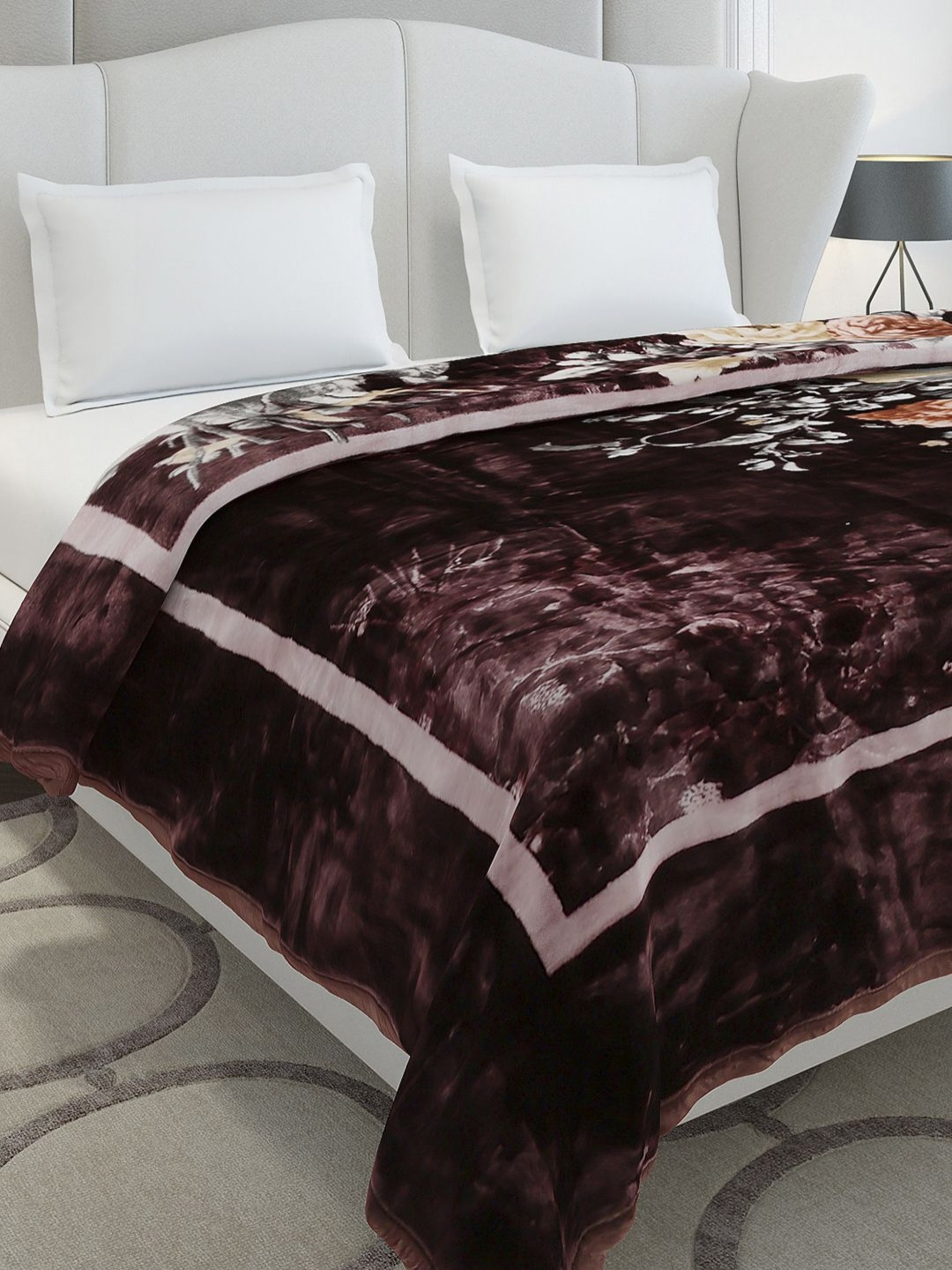 Monte Carlo Bandhan Brown & Peach Colored Printed Heavy Winter Double Bed Blanket 947 GSM
