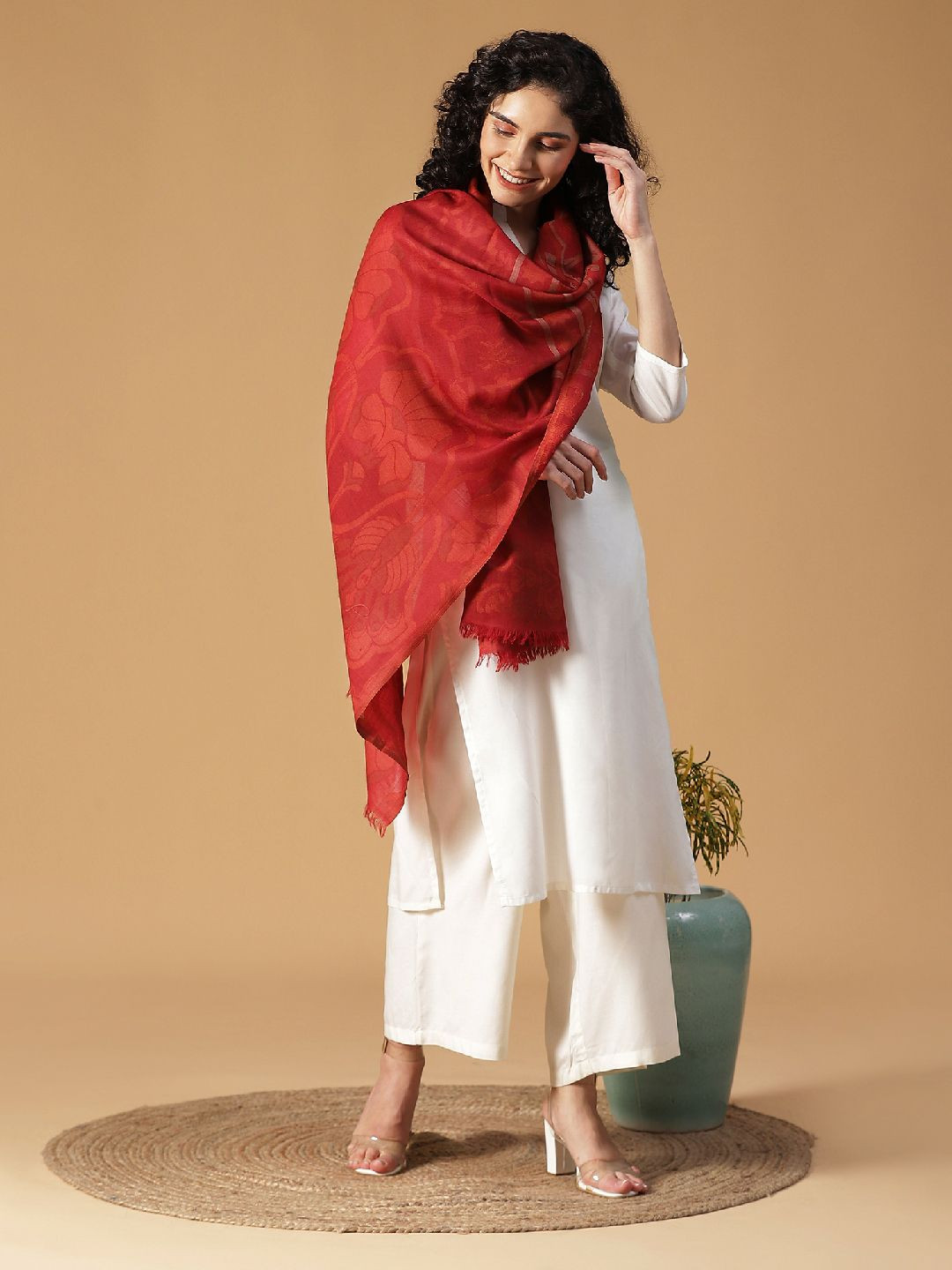 Tiara Women Woven Design Stole with Fringed Border