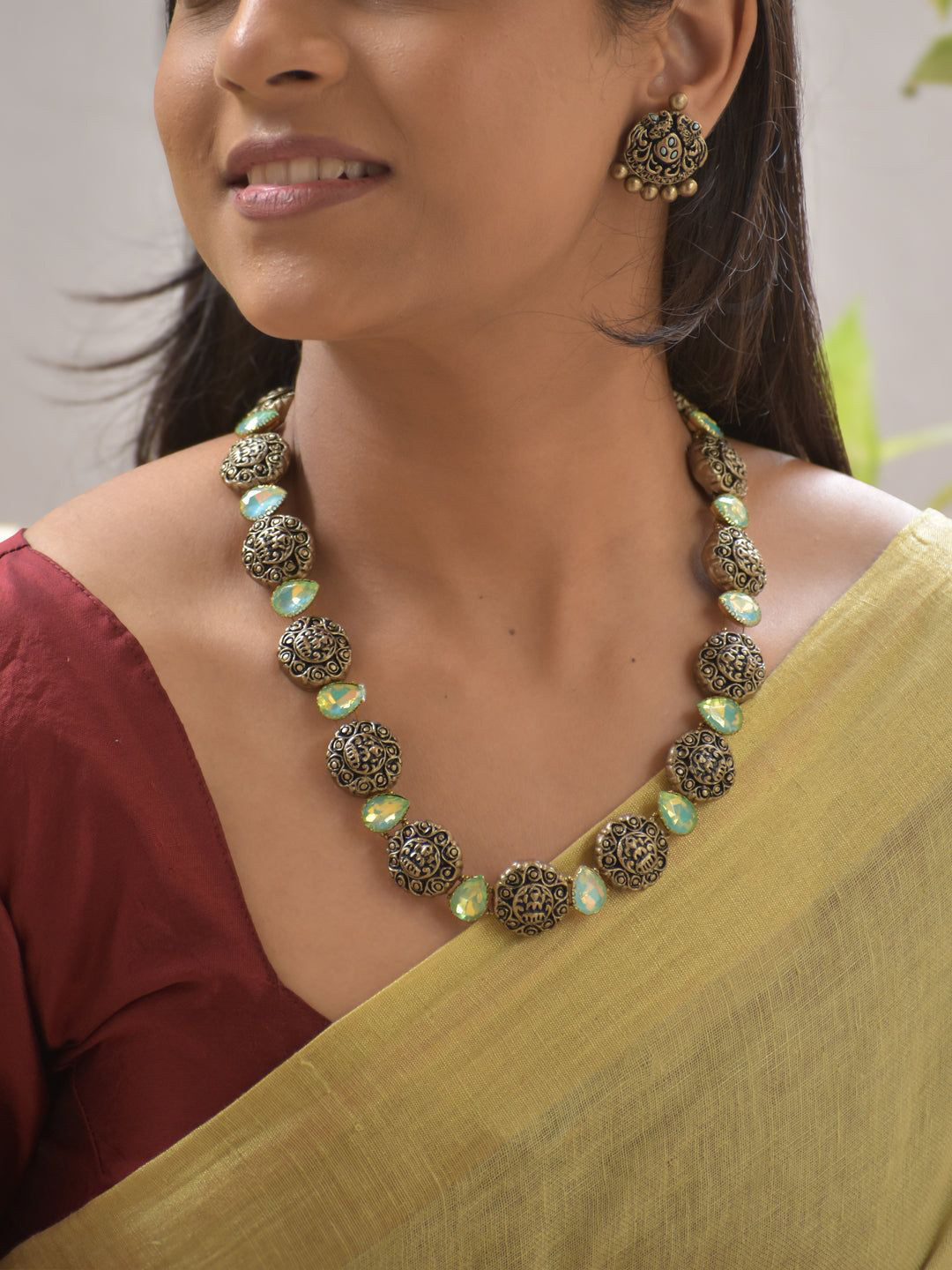 JUMKEY Antique Lakshmi Crystal Studded Drops & Peacock Terracotta Jewellery Set