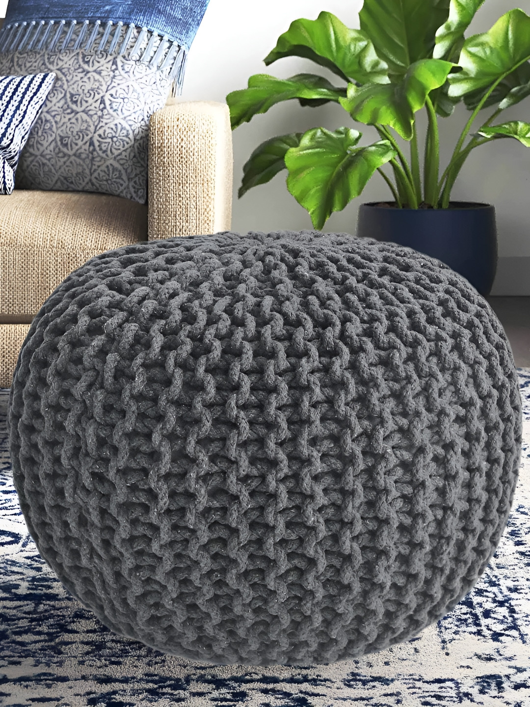COMFIDELITAS Grey Textured Round Foldable Ottoman