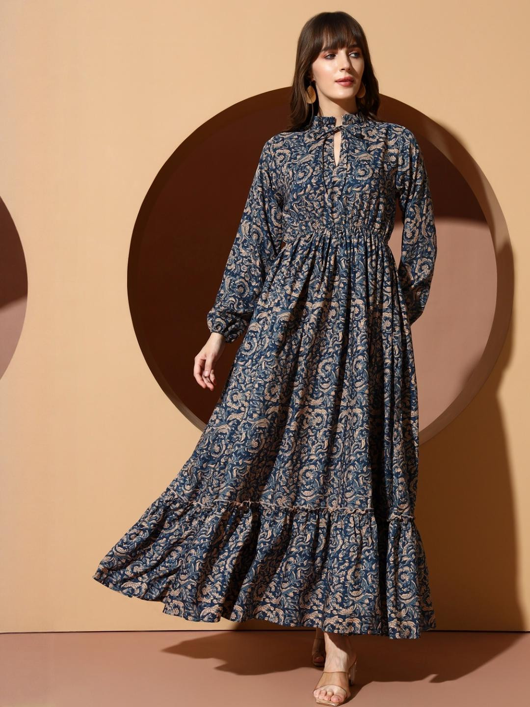 ASNOWERA Floral Print Applique A-Line Maxi Dress