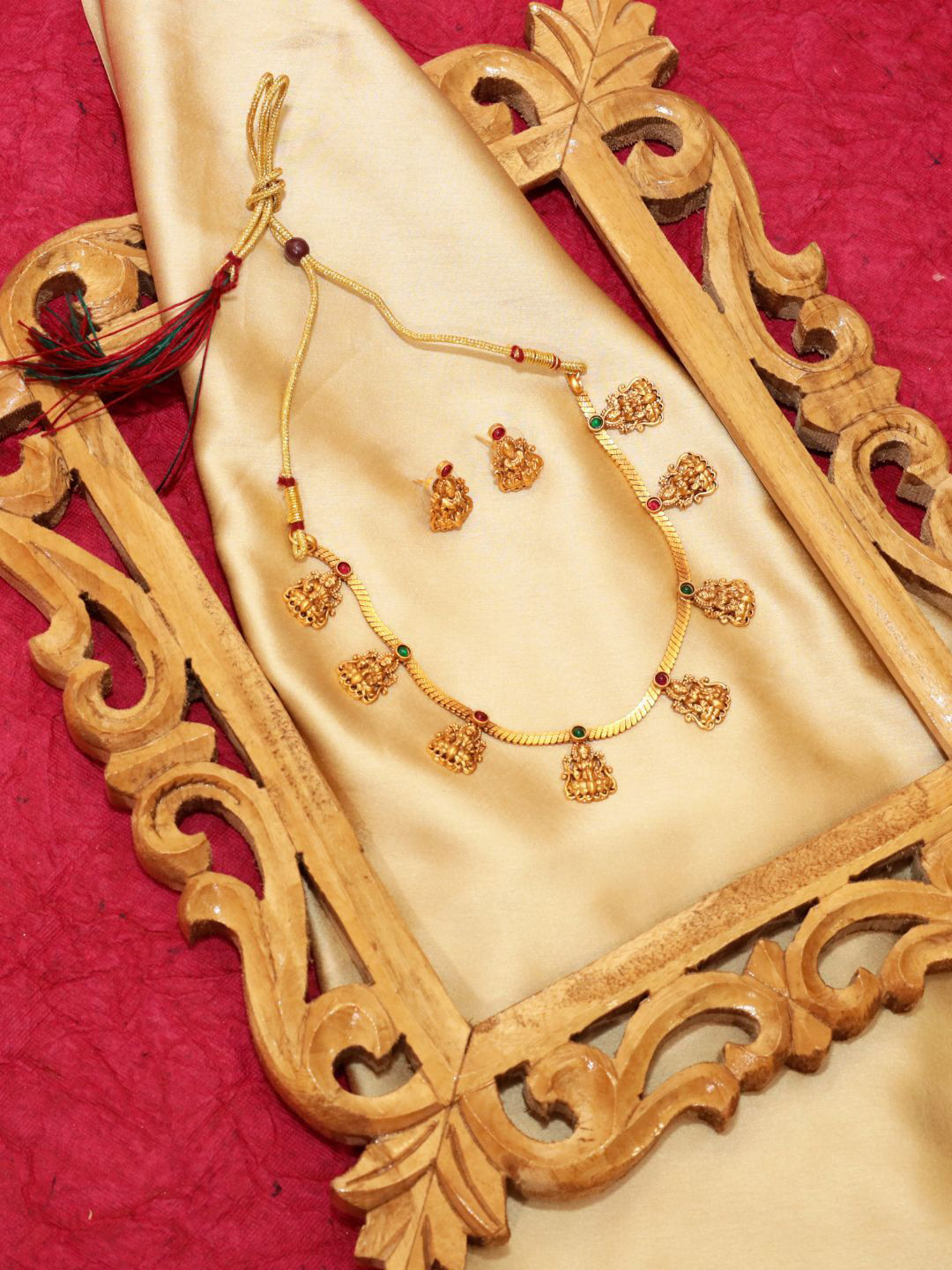 The  Pure Virgo Women Gold-Plated Stones Studded Temple Design Goddess Laxmi Necklace Set