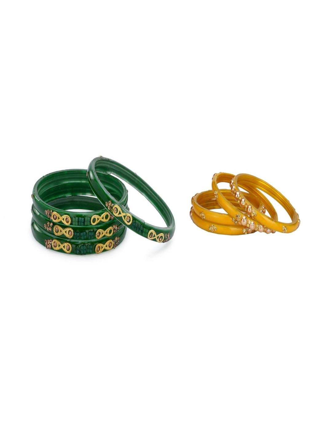 SOMIL Women Green & Yellow Pack Of 8 Handmade Traditional Glass Bangle Set