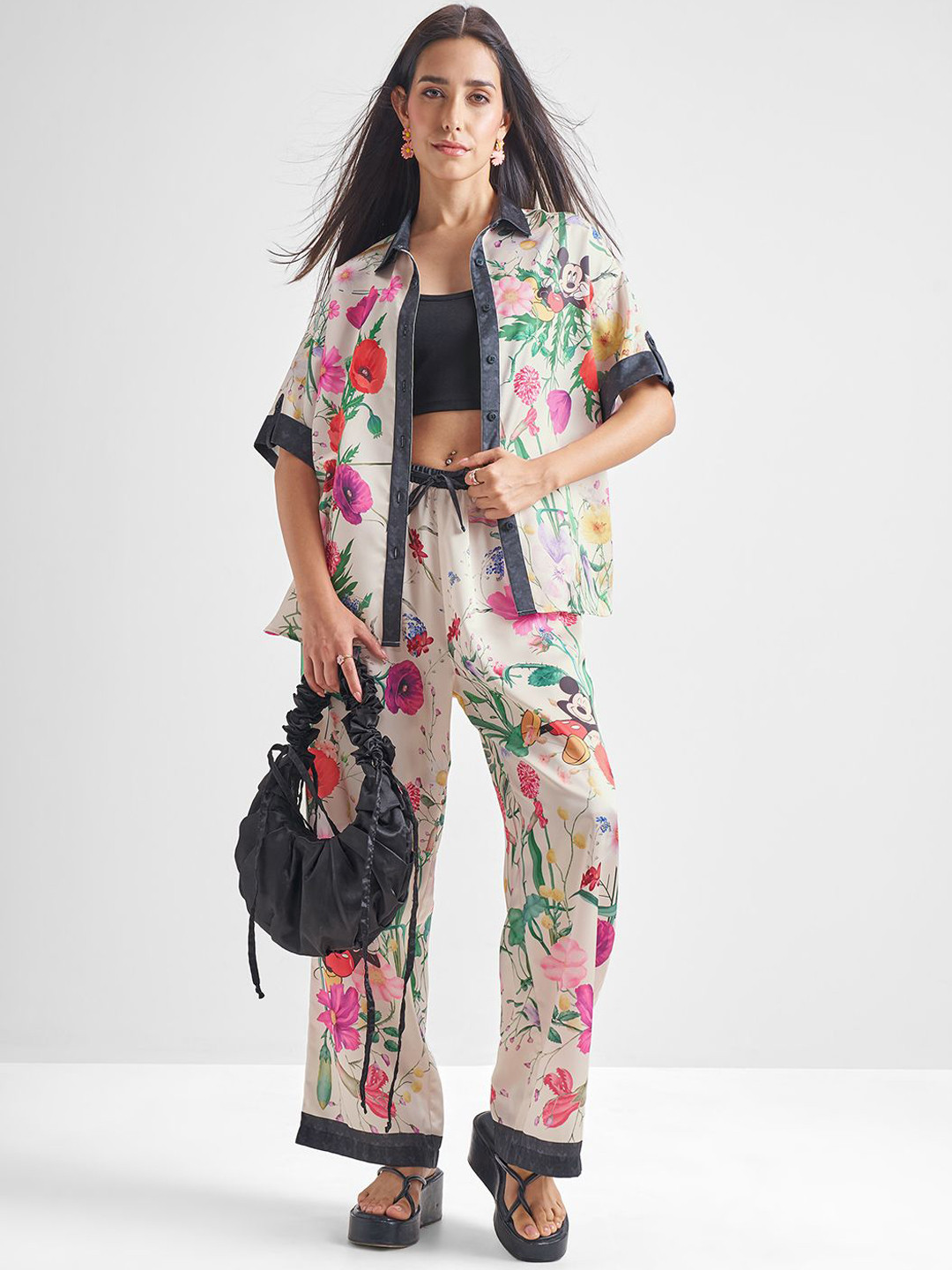 Tokyo Talkies White Mickey Mouse Floral Printed Shirt Collar Satin Shirt & Trousers