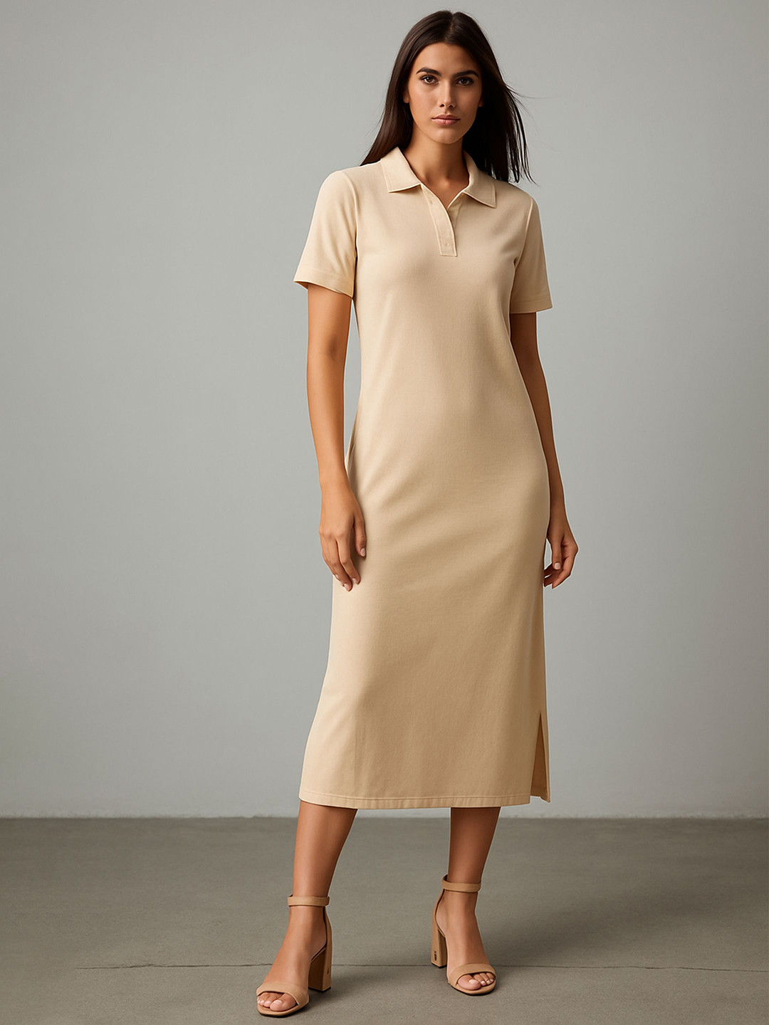 SASSAFRAS Women Polo Collar Neck Slit Details Cotton T-Shirt Midi Dress