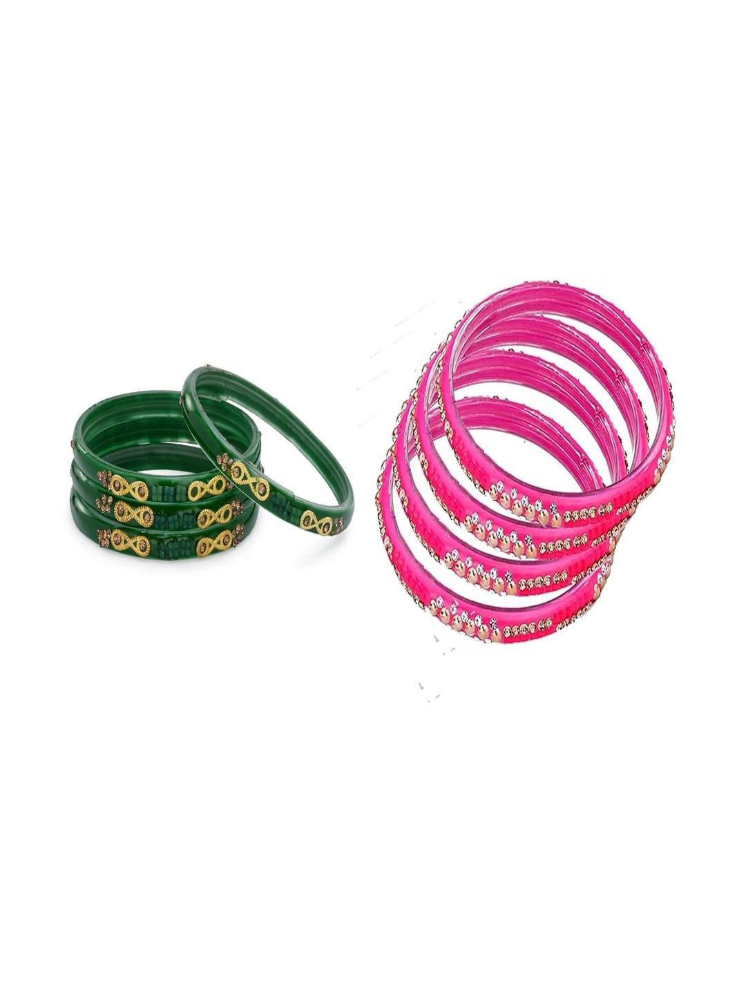 SOMIL Set Of 8 Green And Pink Glass Artificial Stones & Beads Bangles