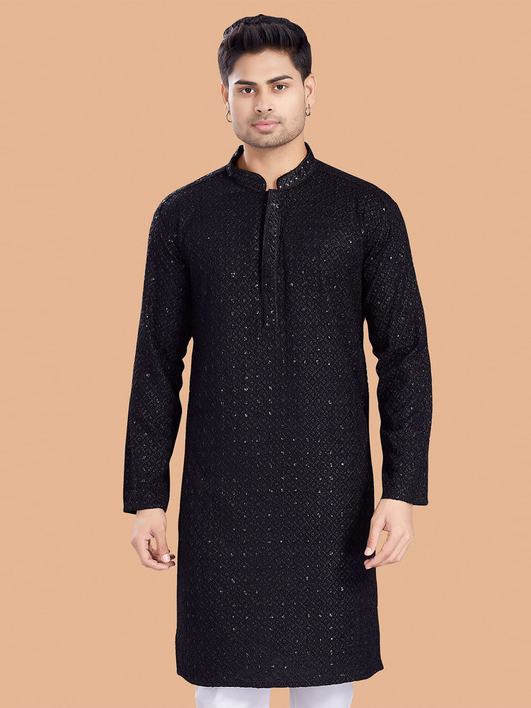 PulseIQ Men Ethnic Motifs Sequince Embroidered Chikankari Cotton Kurta