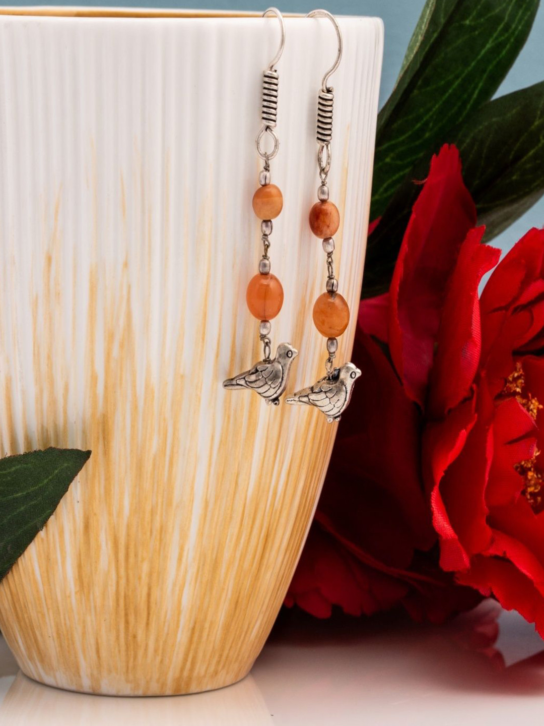 Shrim jewels Brass-Plated Artificial Beaded Oxidised Birds Shaped Drop Earrings