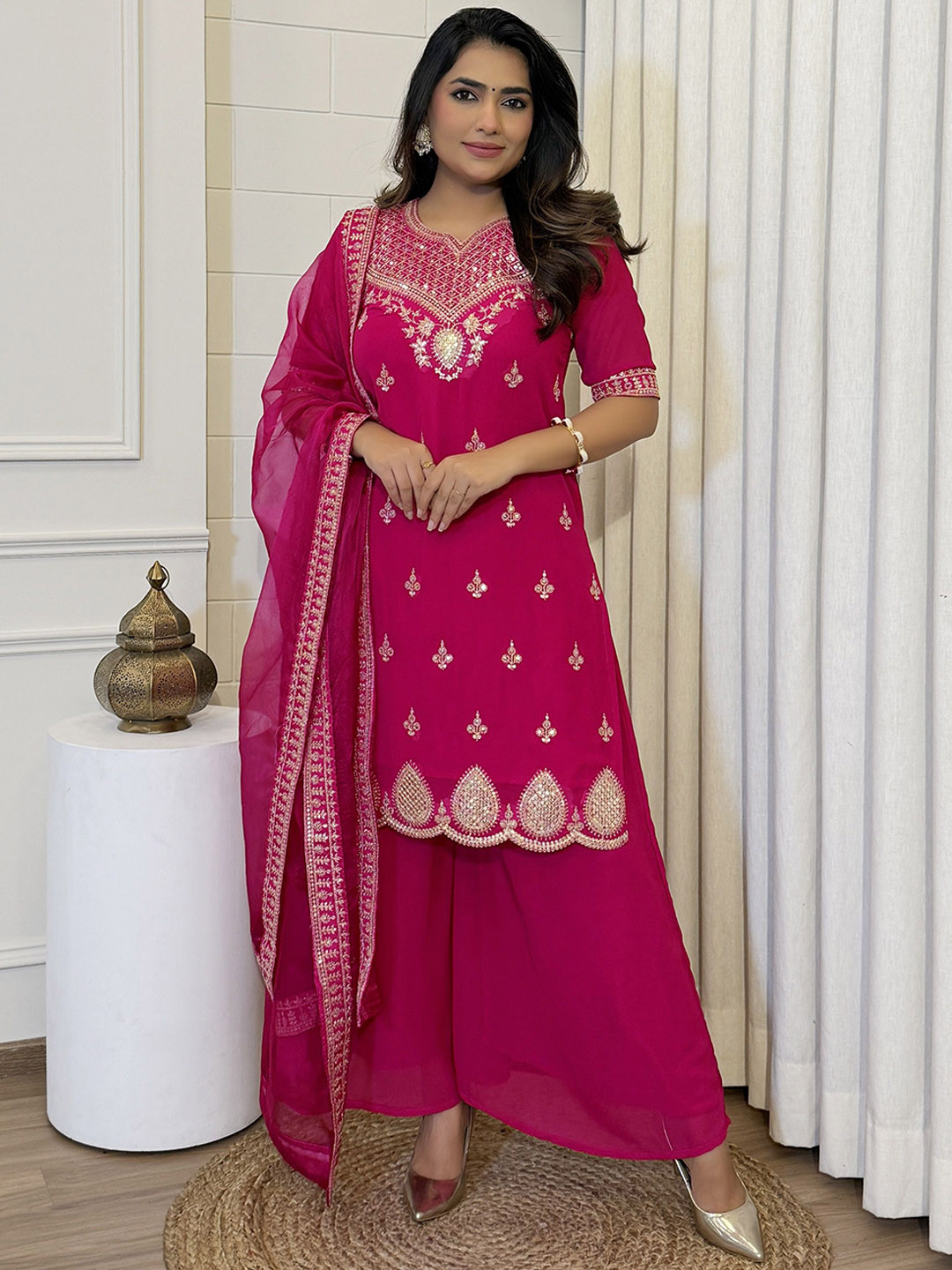 SWEETPEL Floral Embroidered Straight Thread Work Kurta With Palazzos & Dupatta