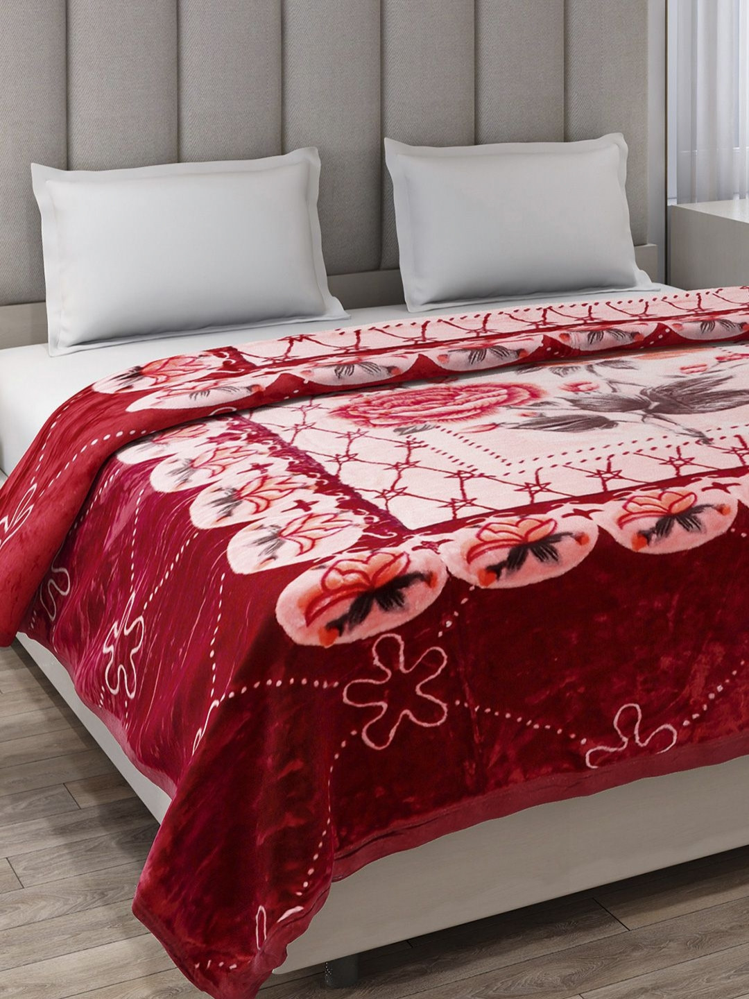 Monte Carlo Roman Plus Red & Pink Printed Heavy Winter Double Bed Blanket 530 GSM