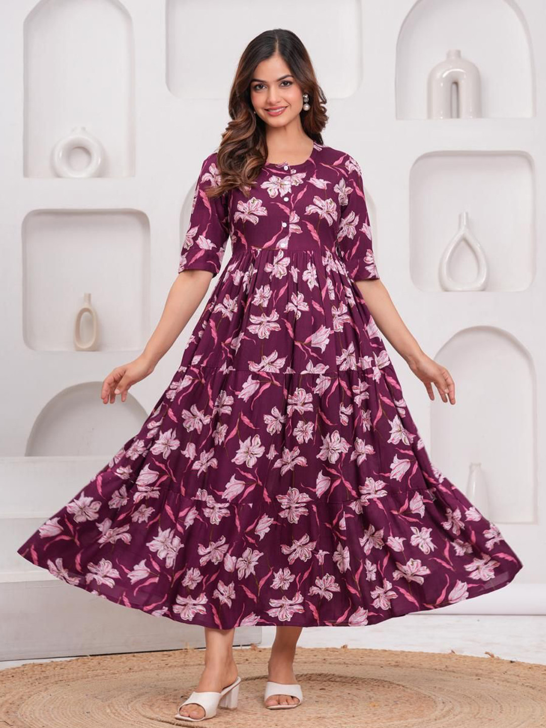 STYLE GANGA Women Floral Printed Round Neck Tiered Fit and Flare Maxi Dress